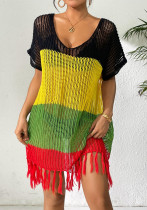 Women lace-up bow contrast color Patchwork sexy hollow beach bikini cover-up dress Women lace-up bow contrast color Patchwork sexy hollow beach bikini cover-up dress