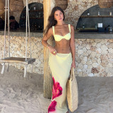 Women printed mesh long skirt Swimwear  Three-Piece