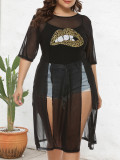 Plus Size Women Lips Print See-Through Mesh Slit Irregular Long T-Shirt Cover-up