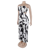 Women Elegant Strapless Printed Wide-leg Jumpsuit