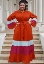 Plus Size Women color matching ruffled Bell Bottom sleeve Turndown Collar pleated chiffon dress