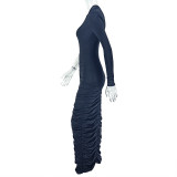 Women Solid Bodycon Slash Shoulder Pleated Single Long Sleeve Formal Party Dress
