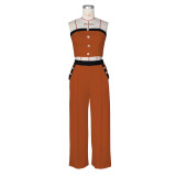 Sexy Color Blocked Decorative Button Straight High Waist Wide Leg Women's Pants Set