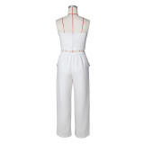 Sexy Color Blocked Decorative Button Straight High Waist Wide Leg Women's Pants Set