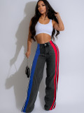 Women's Fashion Patchwork Striped Contrast Denim Pants Casual Straight Pants