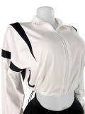 Fashion women's contrast color drawstring Slim Waist zipper Crop long sleeve Top shorts set