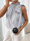 Fashion Sleeveless Striped Lace High Neck Tie Knot Women's T-shirt Top
