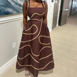 Women's Summer Fashion Strap Square Neck Printed Slim Waist A-Line Dress