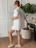 solid color embroidered short sleeve Turndown Collar hollow top and shorts 2-piece set