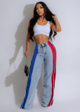 Women's Fashion Patchwork Striped Contrast Denim Pants Casual Straight Pants