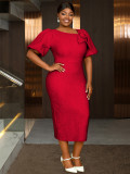 Plus Size Asymmetrical Puff Sleeve High Waist Jacquard Formal Dress