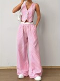 Summer contrast color striped sleeveless v-neck vest Wide Leg Pants Set
