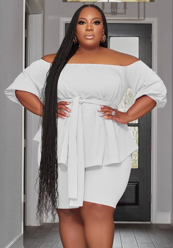 Solid color Casual fashion Plus Size women's clothing Off Shoulder two-piece set