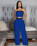 Sexy Color Blocked Decorative Button Straight High Waist Wide Leg Women's Pants Set