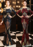 Autumn formal sequin O-Neck long sleeve mermaid evening dress
