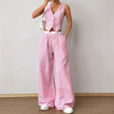 Summer contrast color striped sleeveless v-neck vest Wide Leg Pants Set