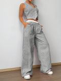 Summer contrast color striped sleeveless v-neck vest Wide Leg Pants Set