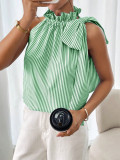 Fashion Sleeveless Striped Lace High Neck Tie Knot Women's T-shirt Top