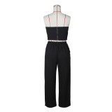 Sexy Color Blocked Decorative Button Straight High Waist Wide Leg Women's Pants Set