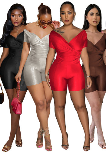 Women's clothing fashion solid color reflective pleated v-neck pants two-piece set