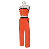 Sexy Color Blocked Decorative Button Straight High Waist Wide Leg Women's Pants Set
