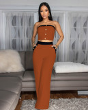 Sexy Color Blocked Decorative Button Straight High Waist Wide Leg Women's Pants Set
