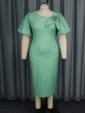 Plus Size Asymmetrical Puff Sleeve High Waist Jacquard Formal Dress