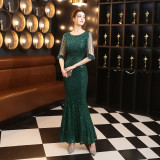 Summer formal sequin O-Neck mermaid evening dress with fringe sleeves