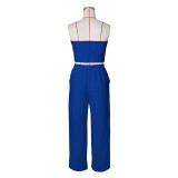 Sexy Color Blocked Decorative Button Straight High Waist Wide Leg Women's Pants Set