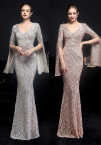 Autumn occasional sheer sequin V-Neck mermaid evening dress