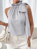 Fashion Sleeveless Striped Lace High Neck Tie Knot Women's T-shirt Top