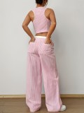 Summer contrast color striped sleeveless v-neck vest Wide Leg Pants Set