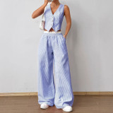 Summer contrast color striped sleeveless v-neck vest Wide Leg Pants Set