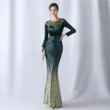 Formal Long Sleeve Patch Sequin Mermaid Evening Dress