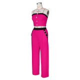 Sexy Color Blocked Decorative Button Straight High Waist Wide Leg Women's Pants Set