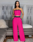 Sexy Color Blocked Decorative Button Straight High Waist Wide Leg Women's Pants Set