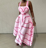 Women's Summer Fashion Strap Square Neck Printed Slim Waist A-Line Dress