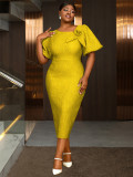 Plus Size Asymmetrical Puff Sleeve High Waist Jacquard Formal Dress