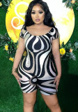 Summer trendy striped geometric pattern Round Neck short sleeve Jumpsuit