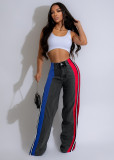 Women's Fashion Patchwork Striped Contrast Denim Pants Casual Straight Pants