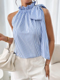 Fashion Sleeveless Striped Lace High Neck Tie Knot Women's T-shirt Top