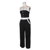 Sexy Color Blocked Decorative Button Straight High Waist Wide Leg Women's Pants Set