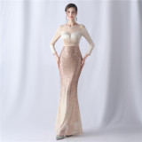 Formal Long Sleeve Patch Sequin Mermaid Evening Dress