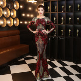Autumn formal sequin O-Neck long sleeve mermaid evening dress