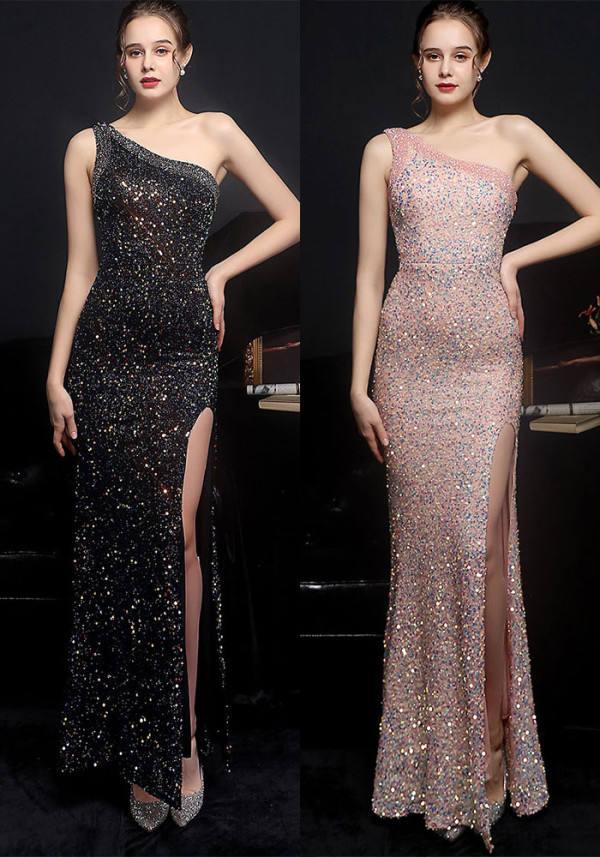 Summer Side Slit One Shoulder Sequin Evening Dress