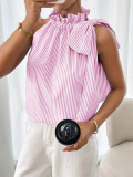 Fashion Sleeveless Striped Lace High Neck Tie Knot Women's T-shirt Top