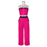 Sexy Color Blocked Decorative Button Straight High Waist Wide Leg Women's Pants Set