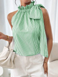 Fashion Sleeveless Striped Lace High Neck Tie Knot Women's T-shirt Top