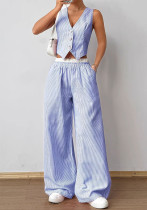 Summer contrast color striped sleeveless v-neck vest Wide Leg Pants Set Summer contrast color striped sleeveless v-neck vest Wide Leg Pants Set