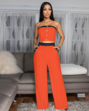 Sexy Color Blocked Decorative Button Straight High Waist Wide Leg Women's Pants Set